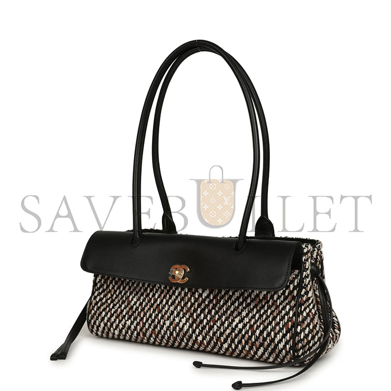 CHANEL SMALL URBAN ESSENTIAL EAST WEST SHOPPING TOTE BLACK CALFSKIN AND MULTI TWEED GOLD HARDWARE (31*15*12cm) 